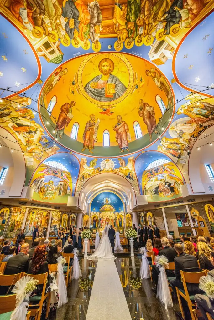 Bride and groom wedding ceremony at Greek church