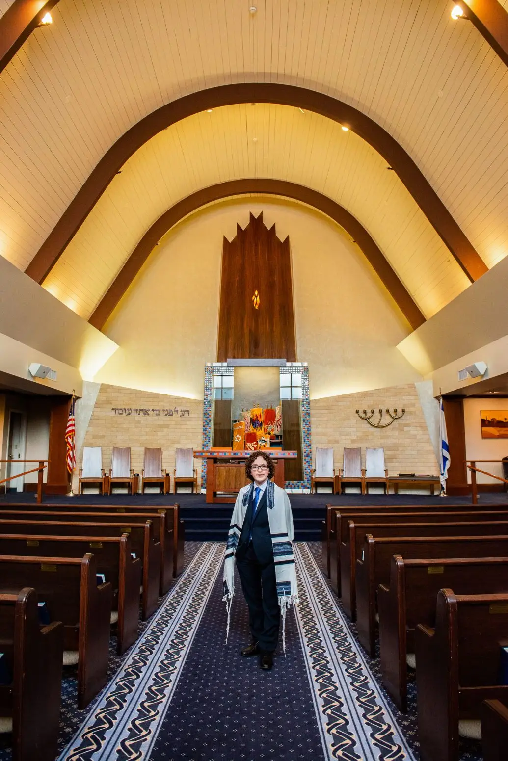 Formal Bar Mitzvah portrait inside the temple
