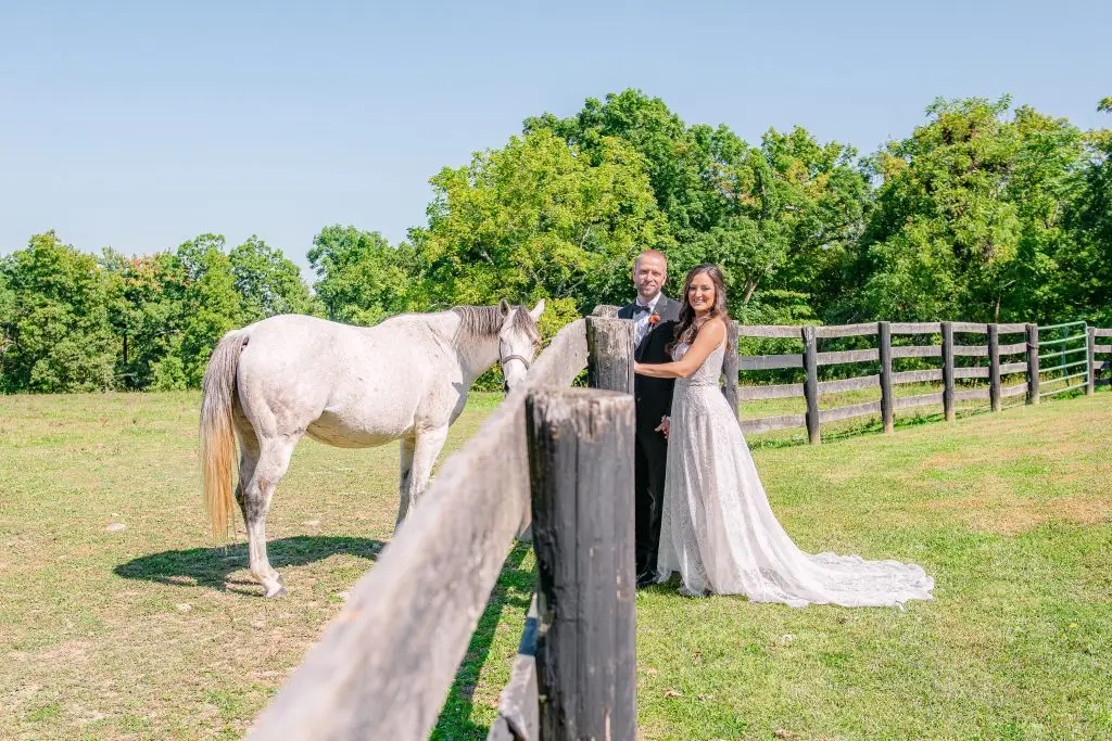 Bride and groom's wedding photo with white horse at The Hill, Hudson