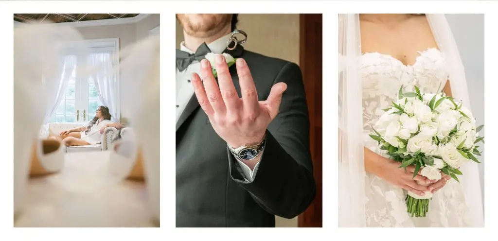 Garden City Long Island wedding photography – bride getting ready, groom ring detail, and bridal bouquet by JS Visions Photography & Cinematography