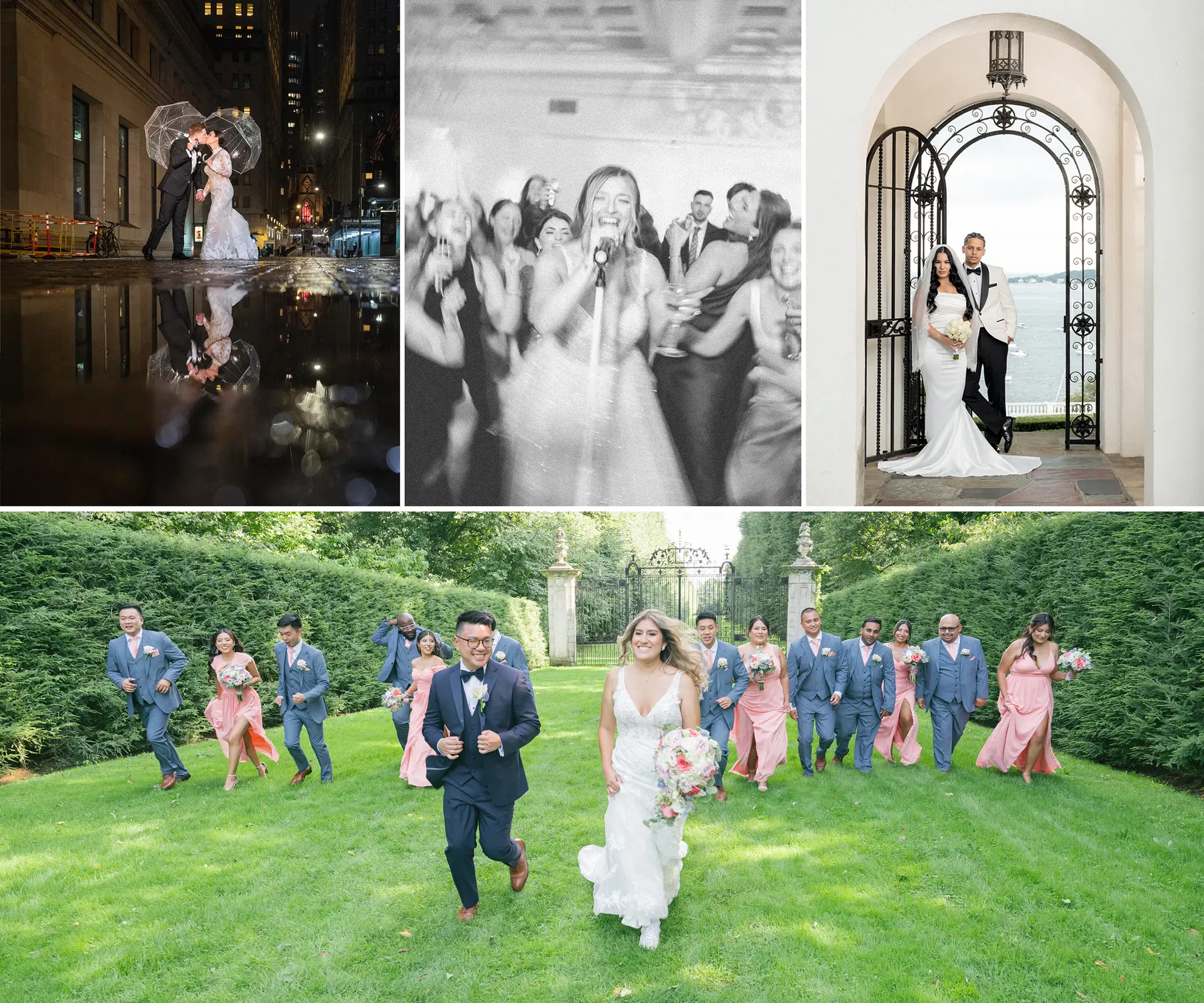 Long Island wedding photography collage featuring NYC rainy night bride and groom portrait, black and white reception dance floor moment, elegant waterfront Garden City couple portrait, and joyful bridal party running outdoors at estate venue