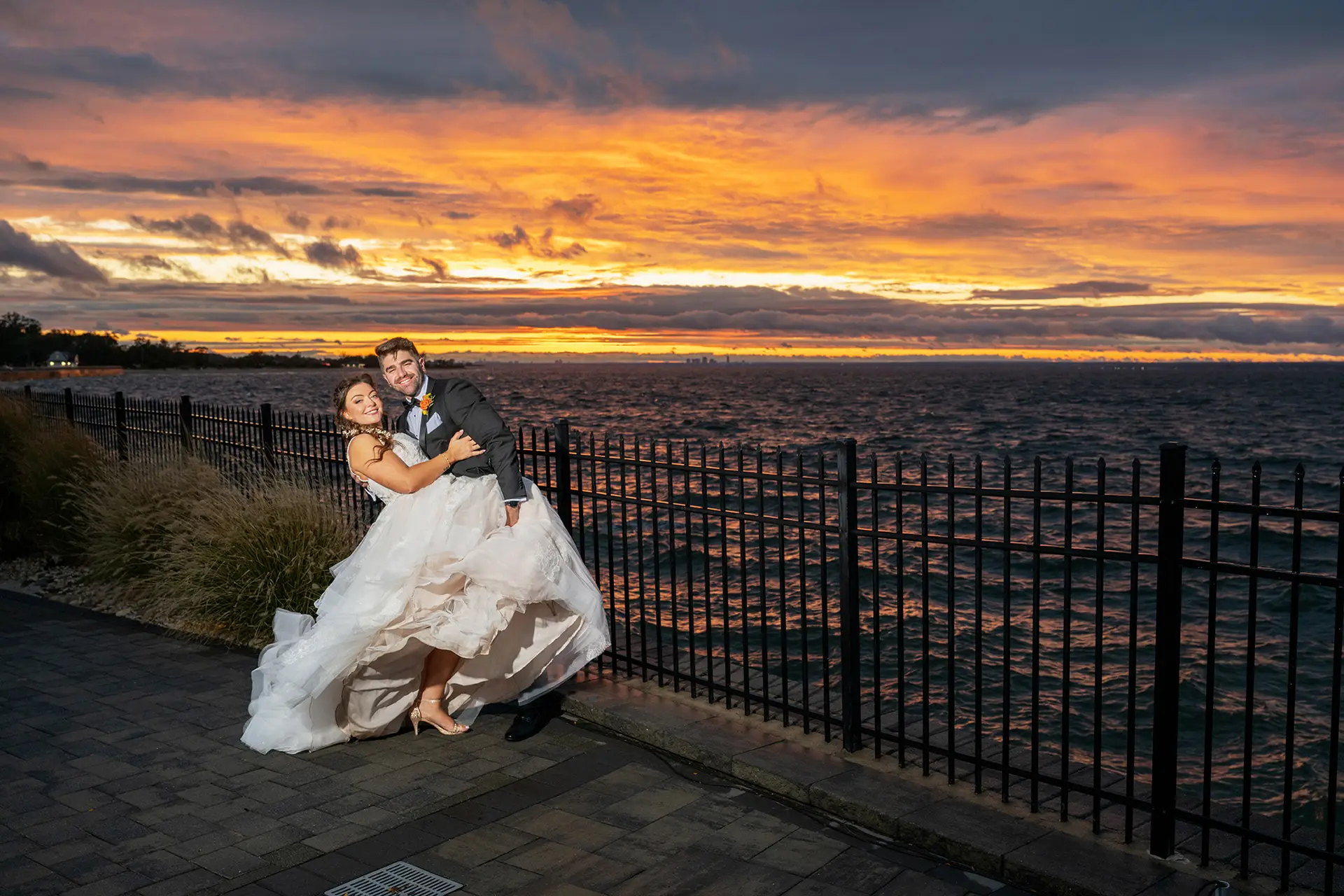 Bride and groom sunset portrait at Soundview Caterers waterfront in Bayville Long Island