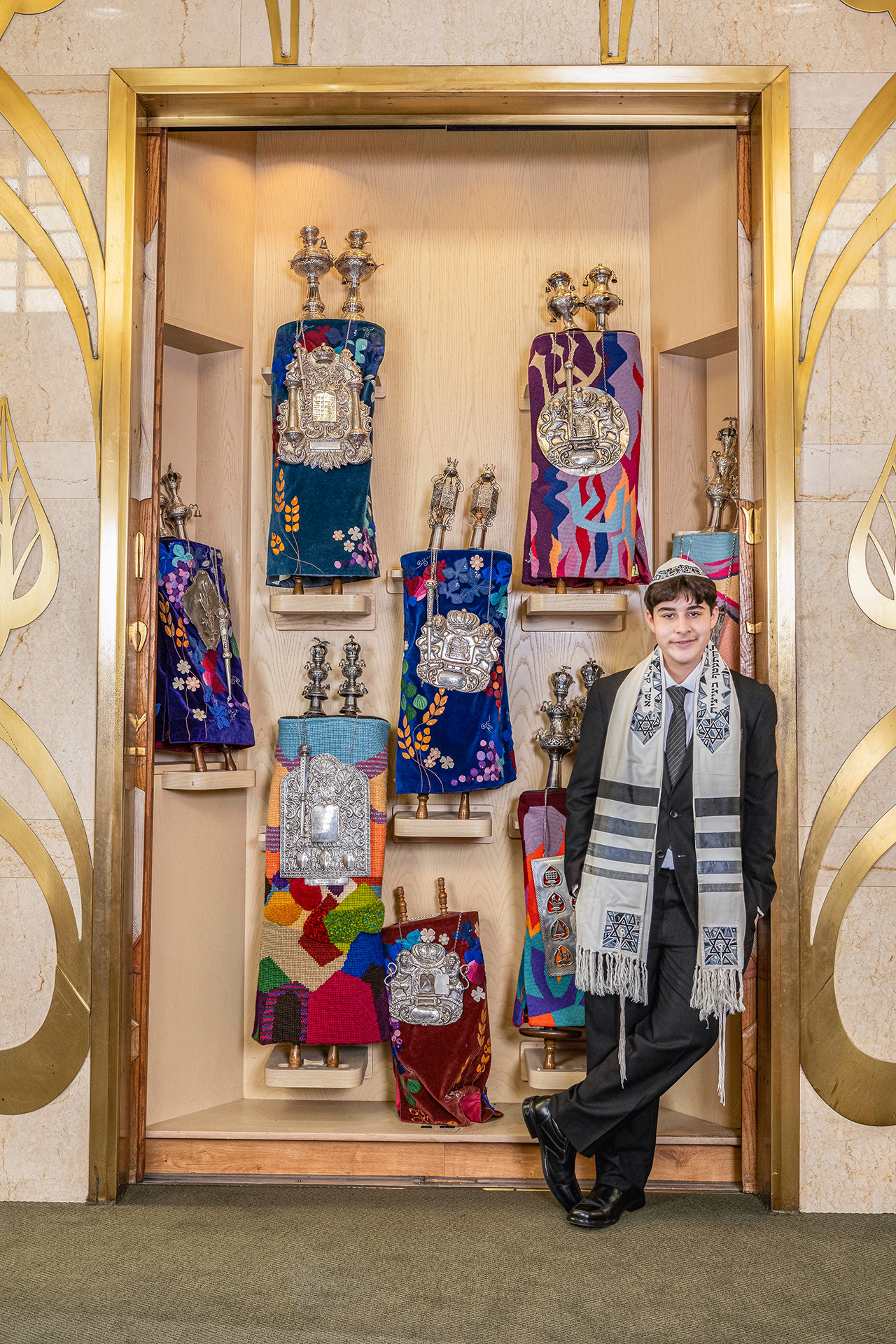 Bar mitzvah portrait with Torah and ark display — Long Island NY mitzvah photographer