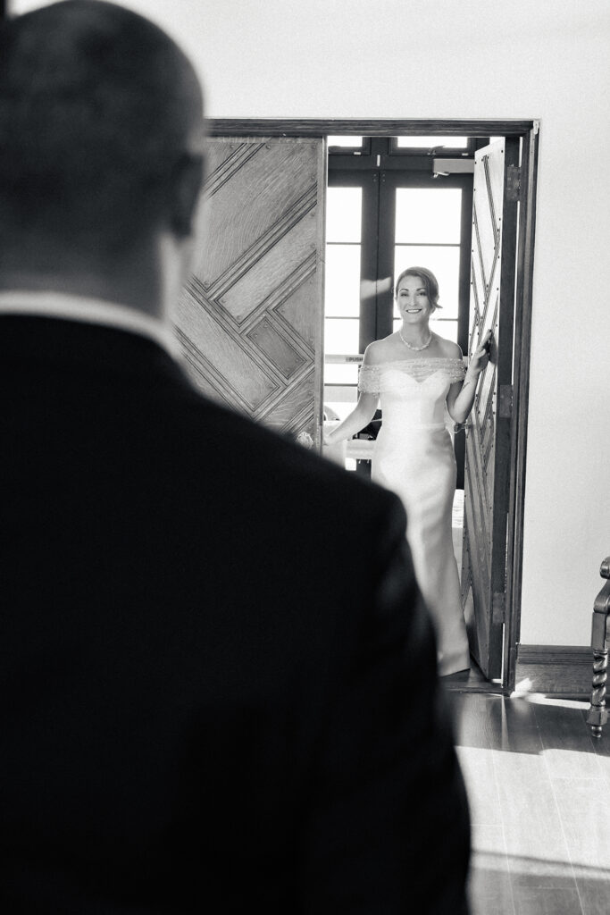 Bride first look moment at Gatsby on the Ocean | Long Island wedding photographer