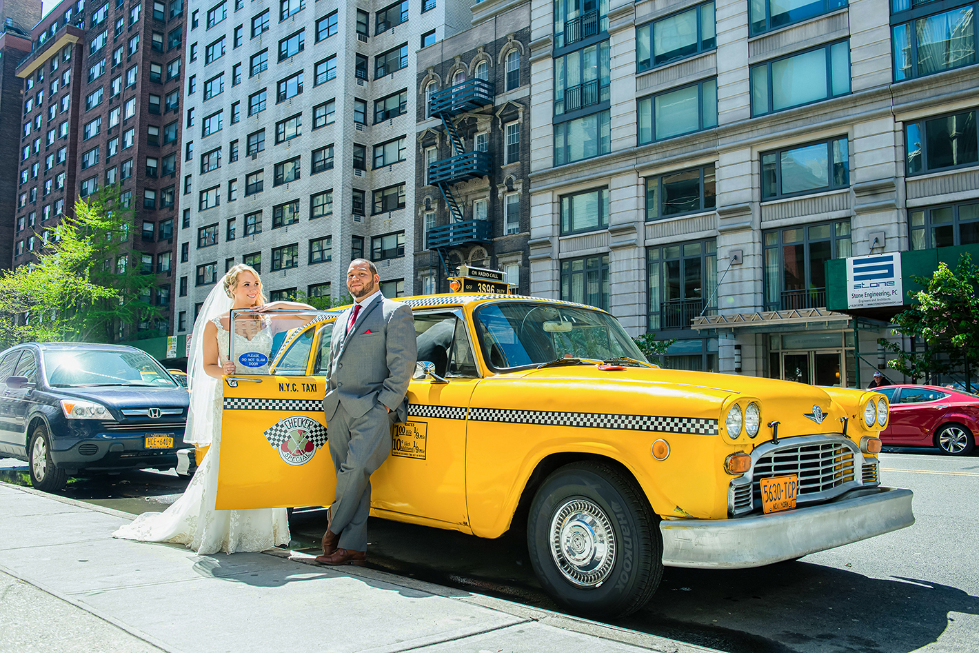 Iconic NYC taxi wedding portrait in Brooklyn