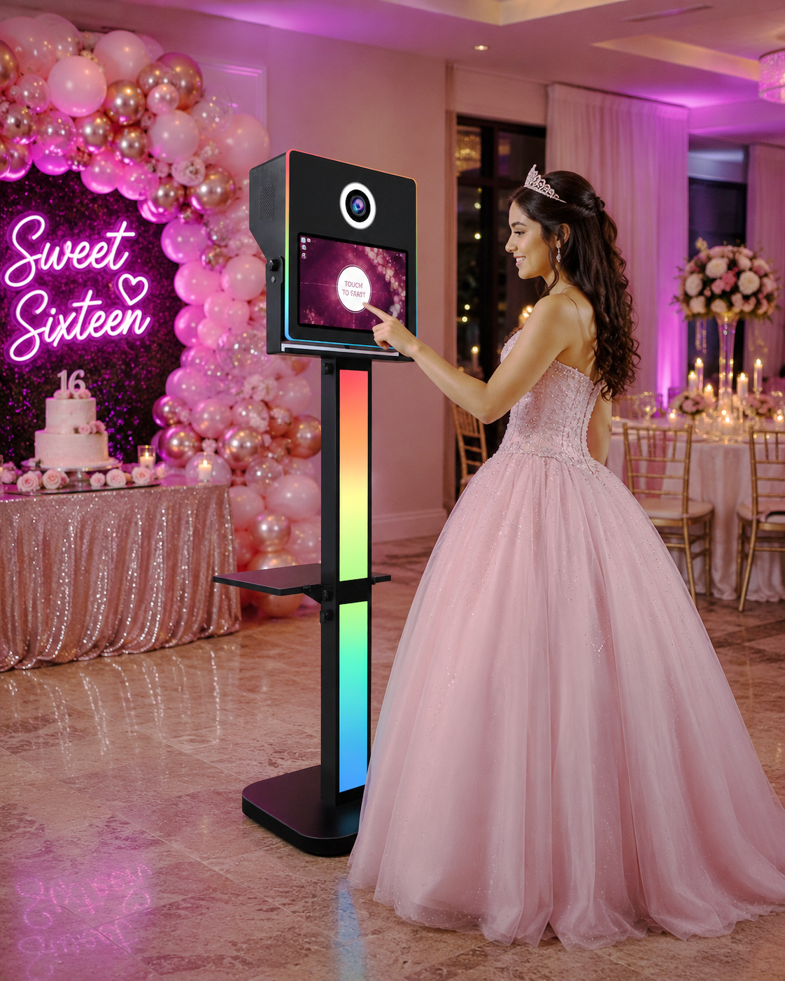 Luxury quince and sweet sixteen photo booth on Long Island, NY — guest of honor in a pink gown at the glam booth