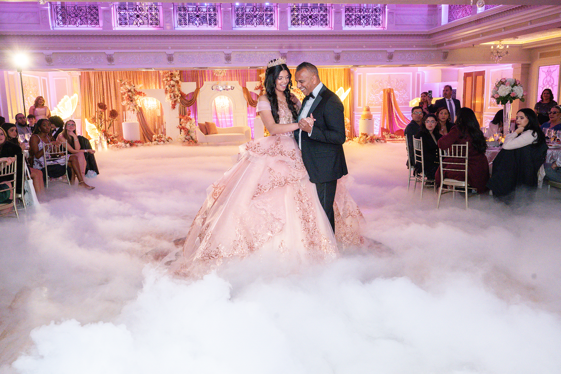 Father and daughter sharing their first dance during a quinceañera celebration at Jericho Terrace.
