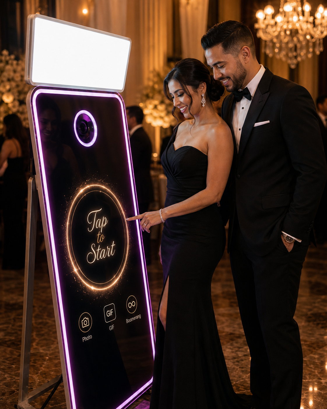 The Experiences full-length mirror photo booth at a Long Island wedding reception