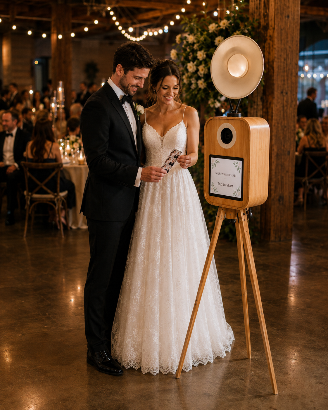 Bride and groom holding their photo strip beside the wood open-air photo booth at a Long Island wedding reception