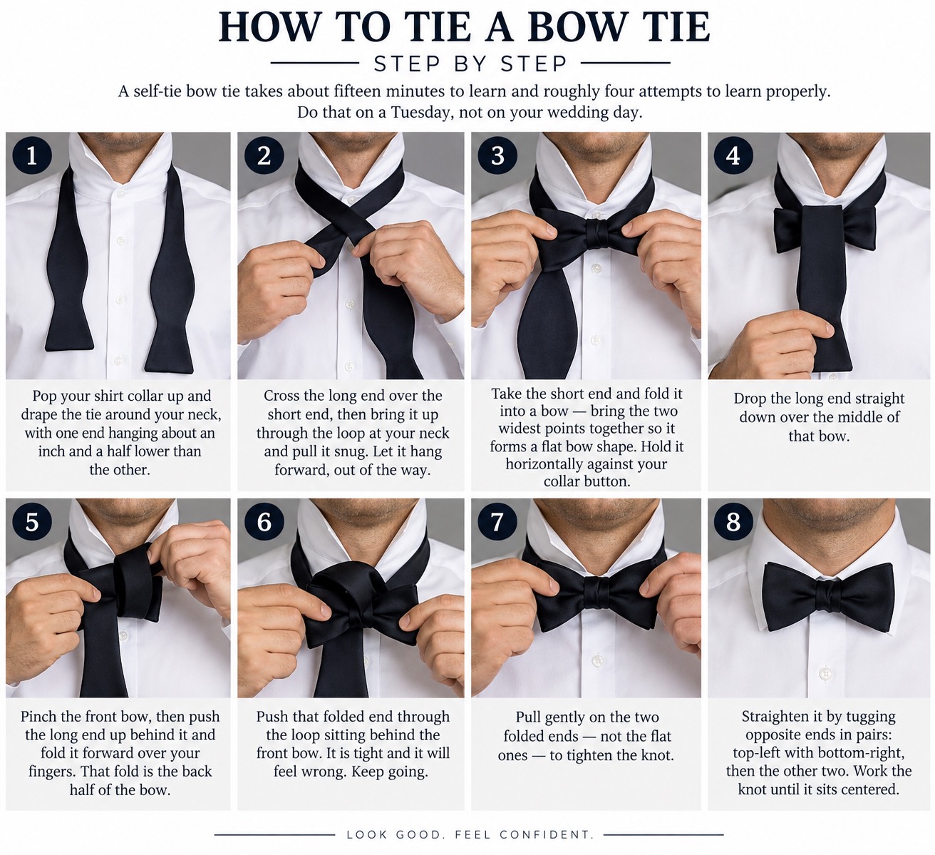 How to tie a bow tie step by step — eight-step illustrated guide for grooms from JS Visions
